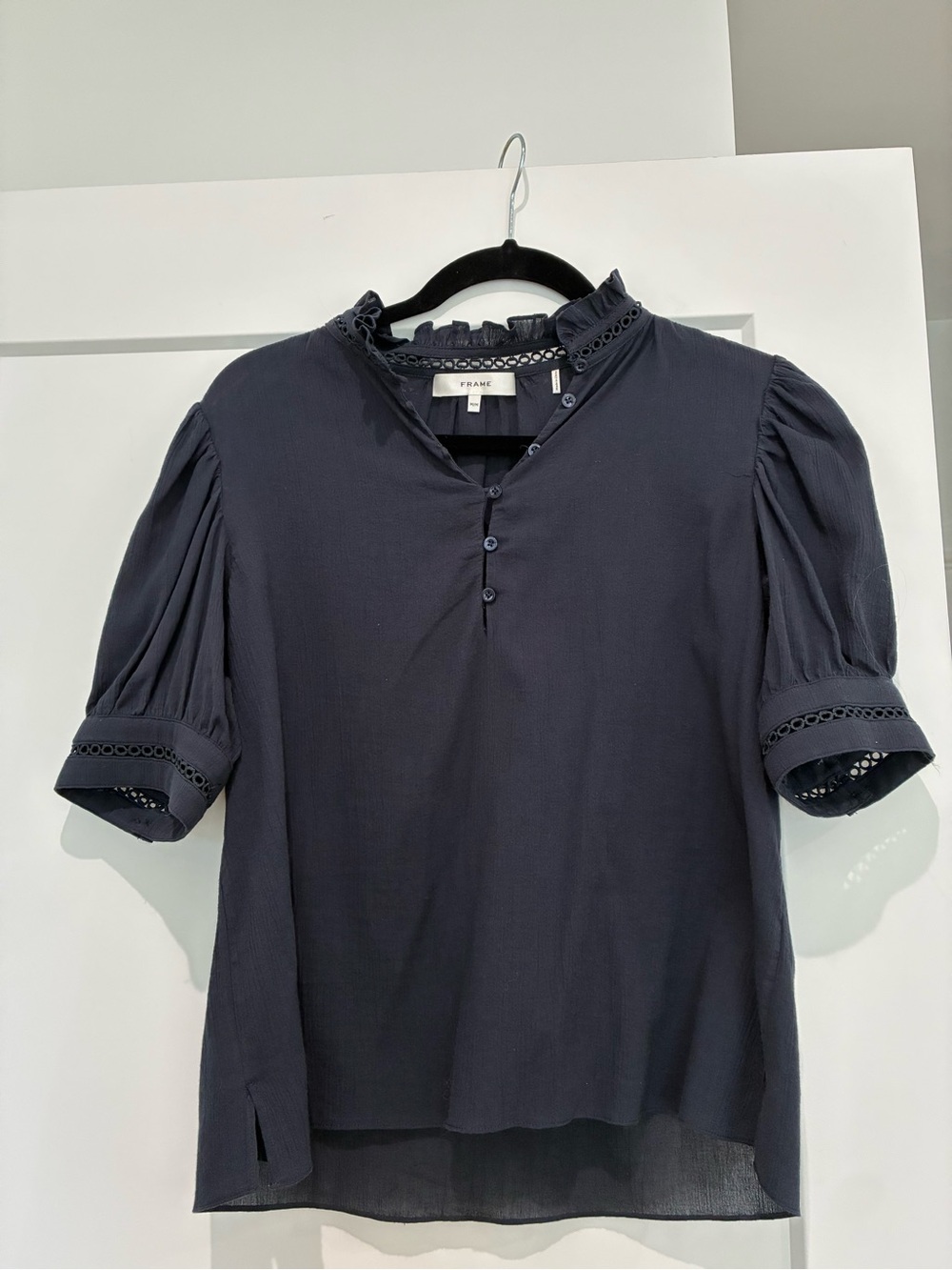 Frame navy ruffle blouse